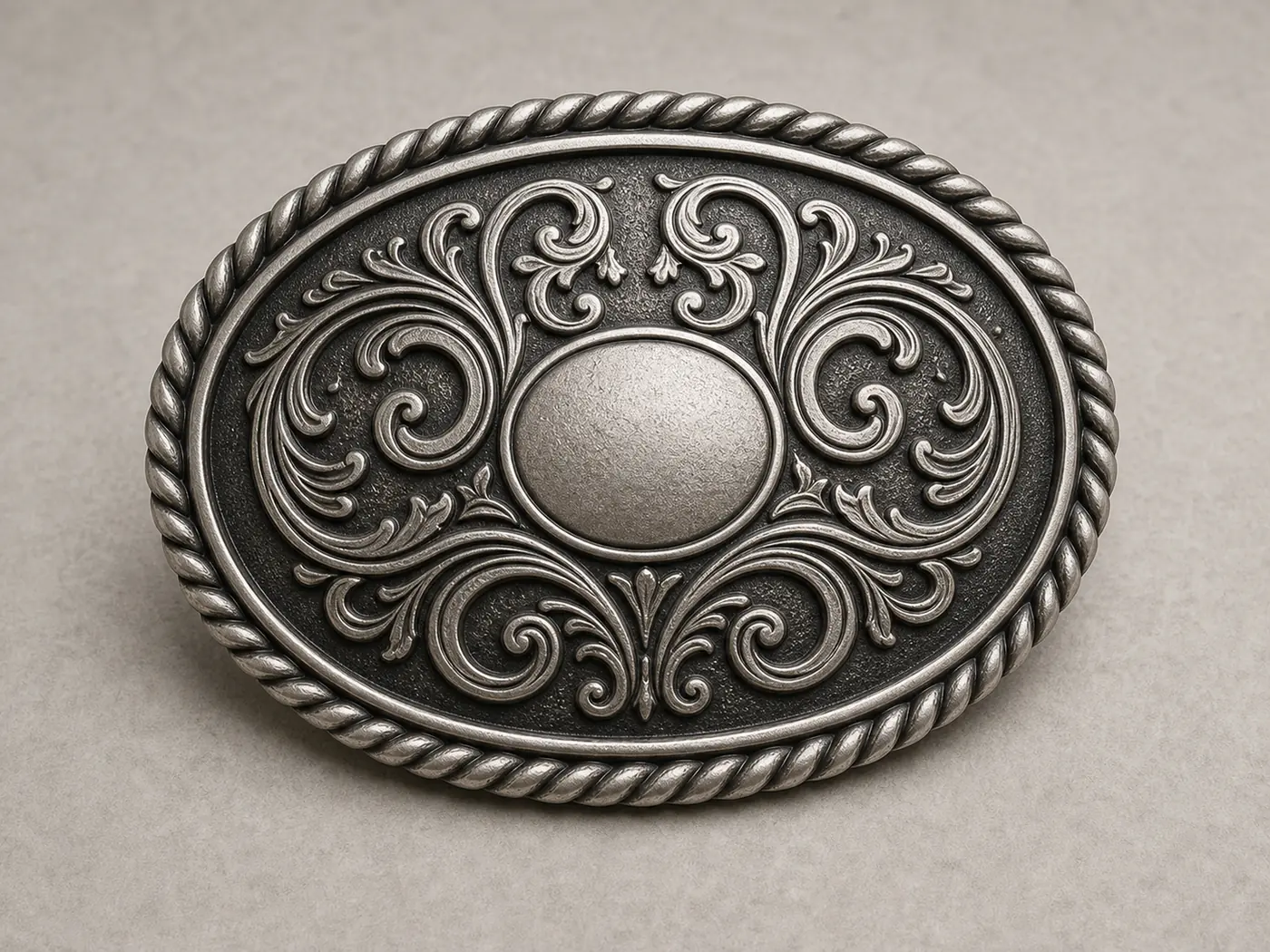 Close view of rope edge scrollwork and raised relief on a western buckle