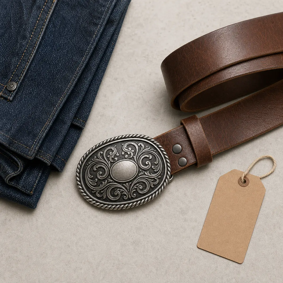 Western retail belt buckle designed for a coordinated branded collection