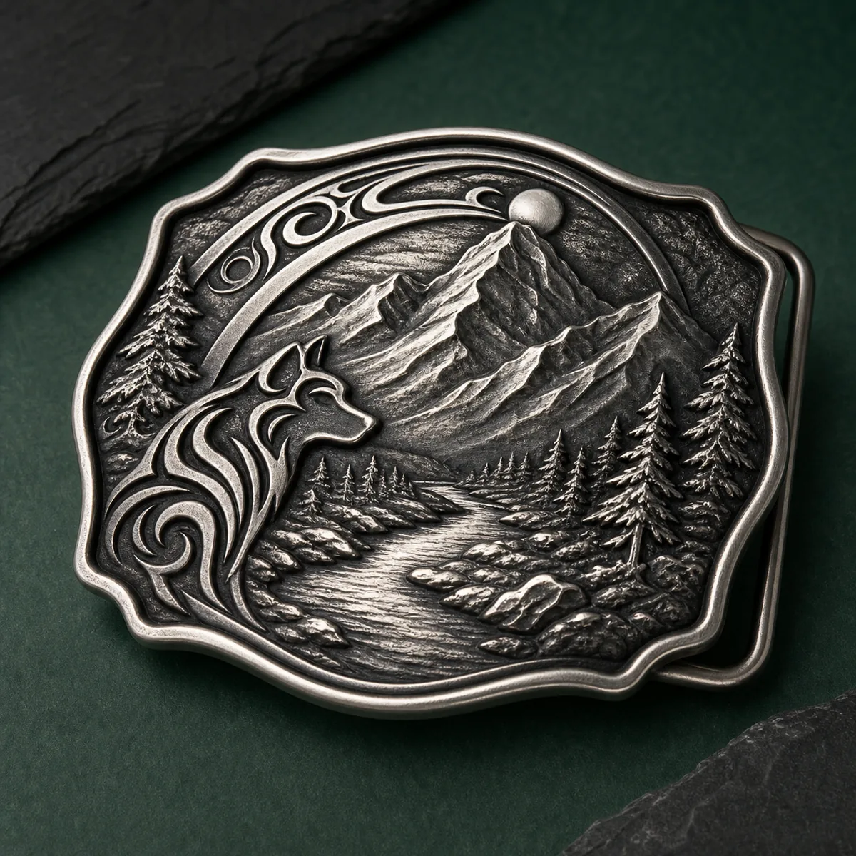 Custom zinc alloy belt buckle with sculpted 3D relief and antique recessed details