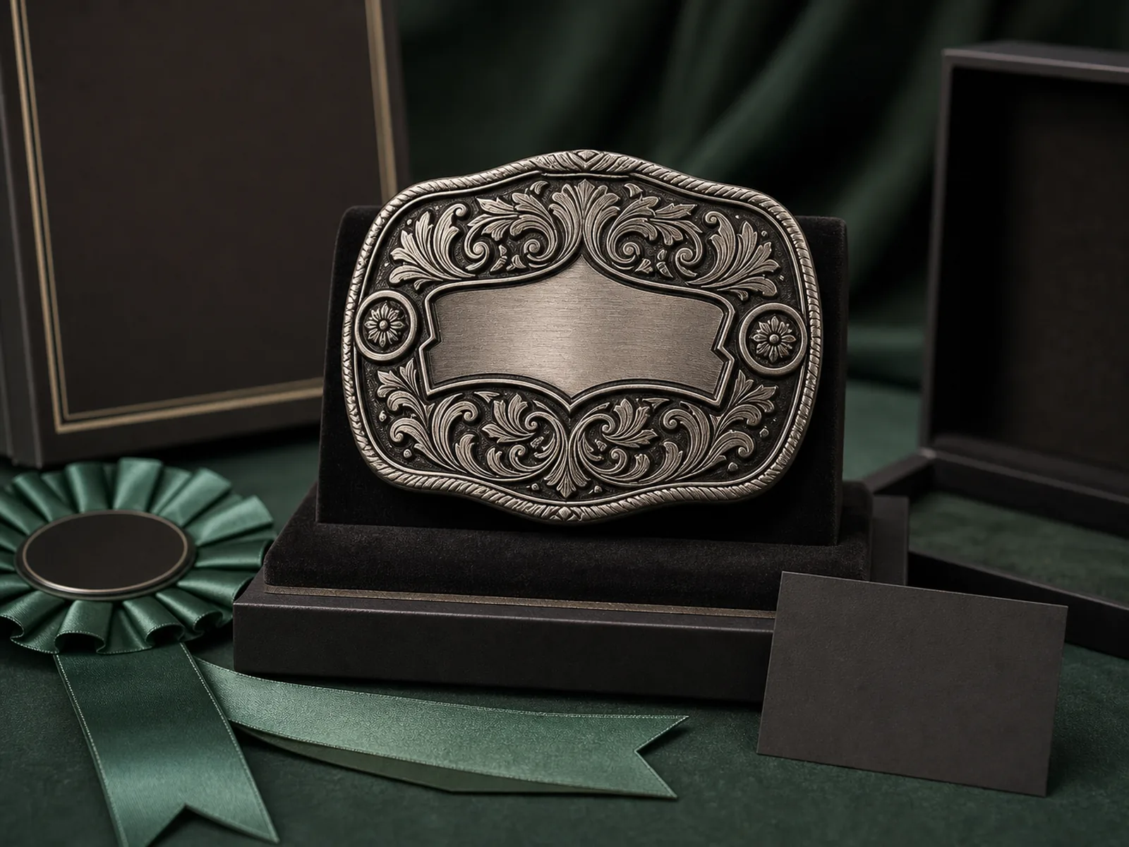 Illustrative award and club merchandise scene featuring an ornate zinc alloy belt buckle