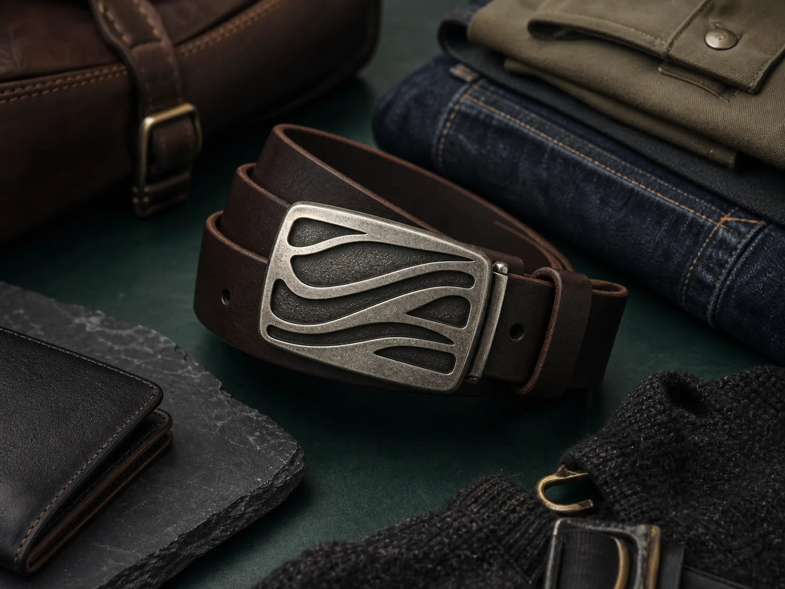 Illustrative fashion and retail scene with custom zinc alloy belt buckle on a leather belt