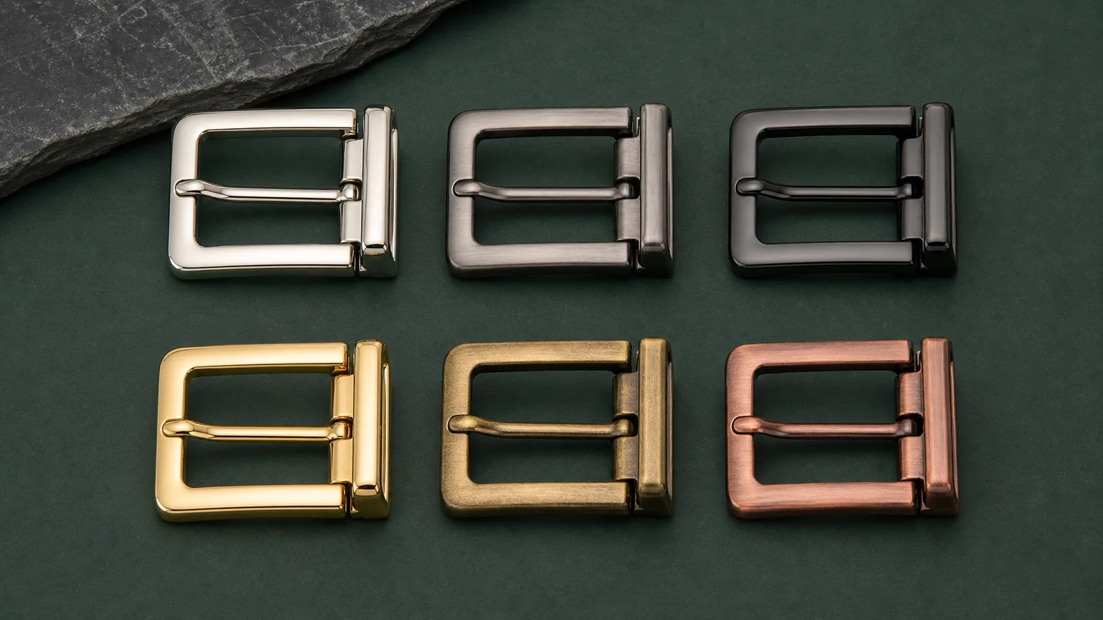 Plated finish options for zinc alloy belt buckles including nickel black nickel brass and copper tones