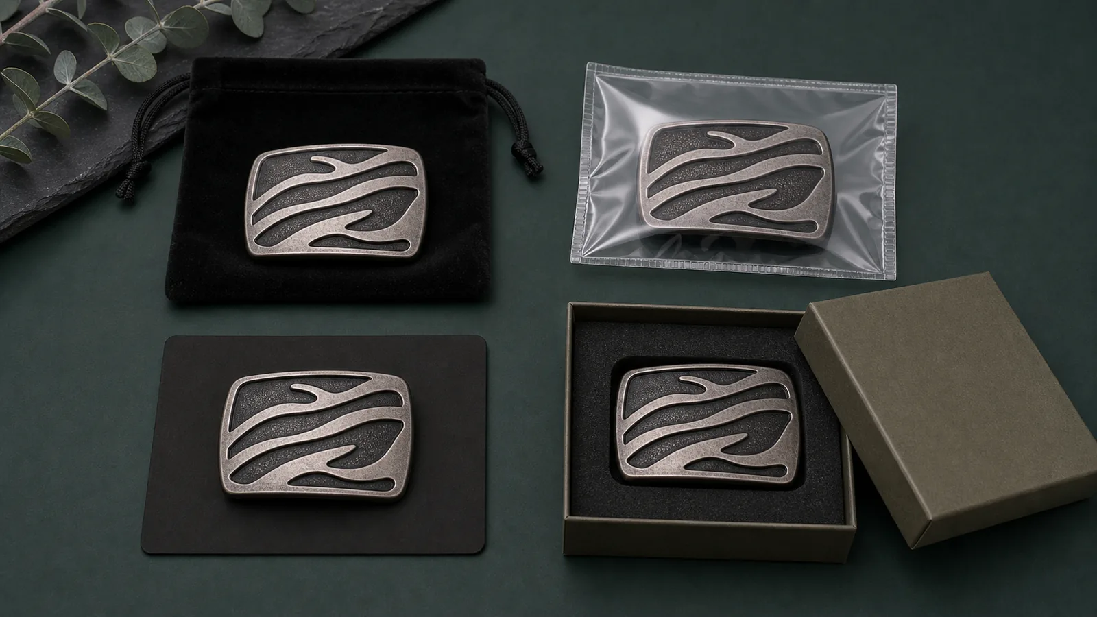 Packaging options for custom zinc alloy belt buckles with pouch sleeve card and gift box