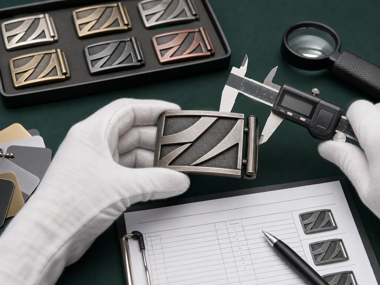 Quality inspection scene for zinc alloy belt buckle dimensions finish and hardware alignment