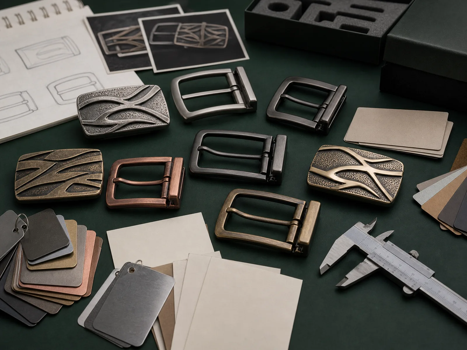 Sample review scene with custom zinc alloy belt buckle finish and packaging references