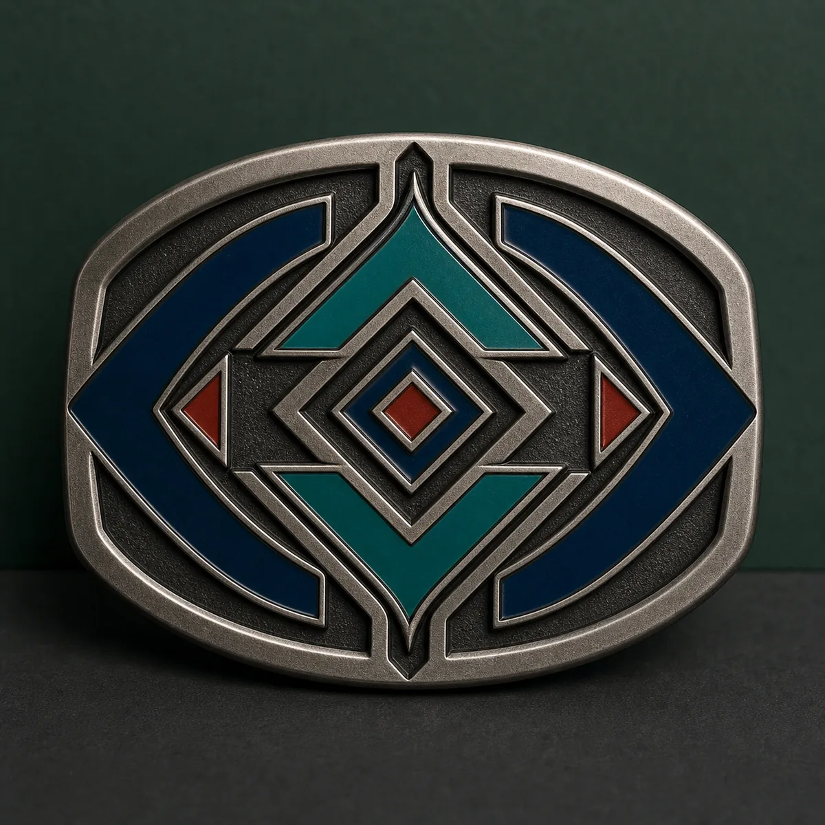 Zinc alloy enamel belt buckle with raised metal borders and color fill areas