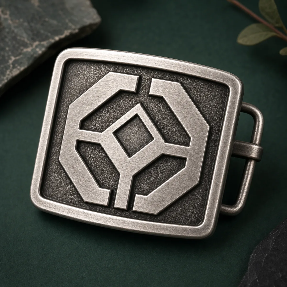 Zinc alloy logo belt buckle with raised abstract emblem and antique silver finish