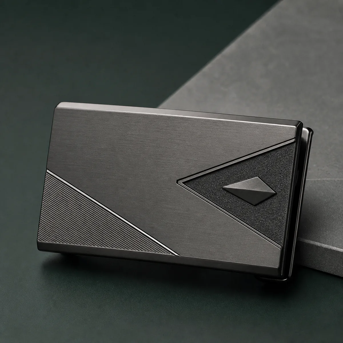 Modern zinc alloy belt buckle with matte gunmetal finish and geometric design