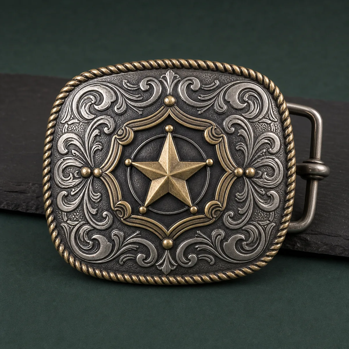 Western style zinc alloy belt buckle with ornate scrollwork and rope border