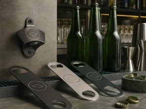 Custom wooden bottle opener board in bar setting