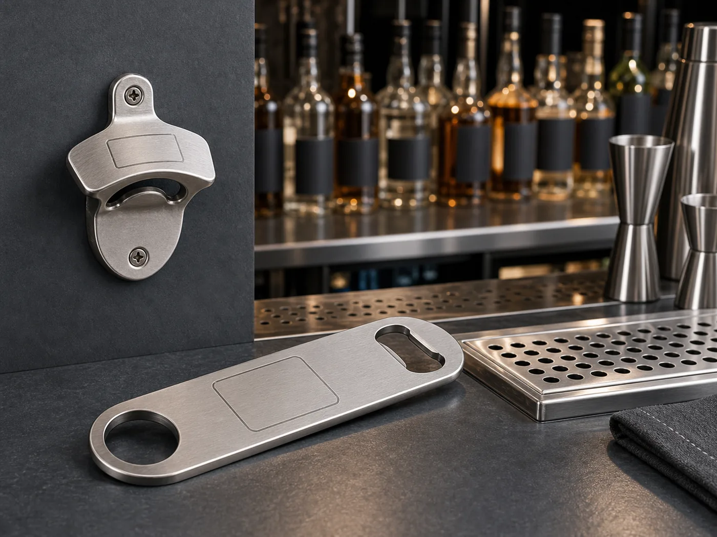 Illustrative metal bottle opener for bar and restaurant use