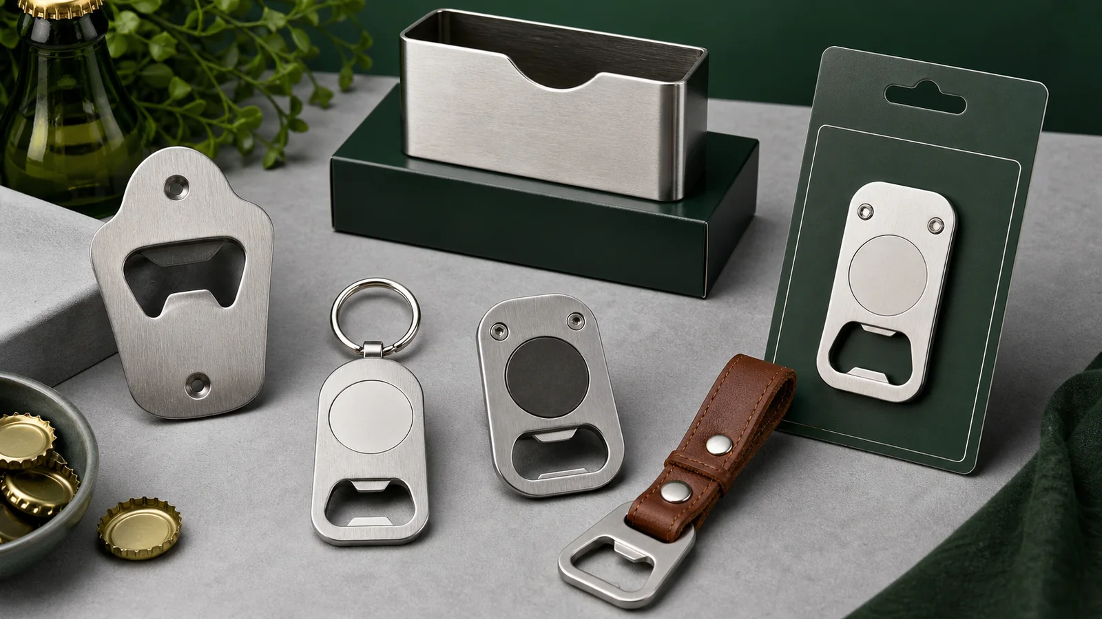 Keyring, magnet, wall mount and cap catcher add-ons for beer openers