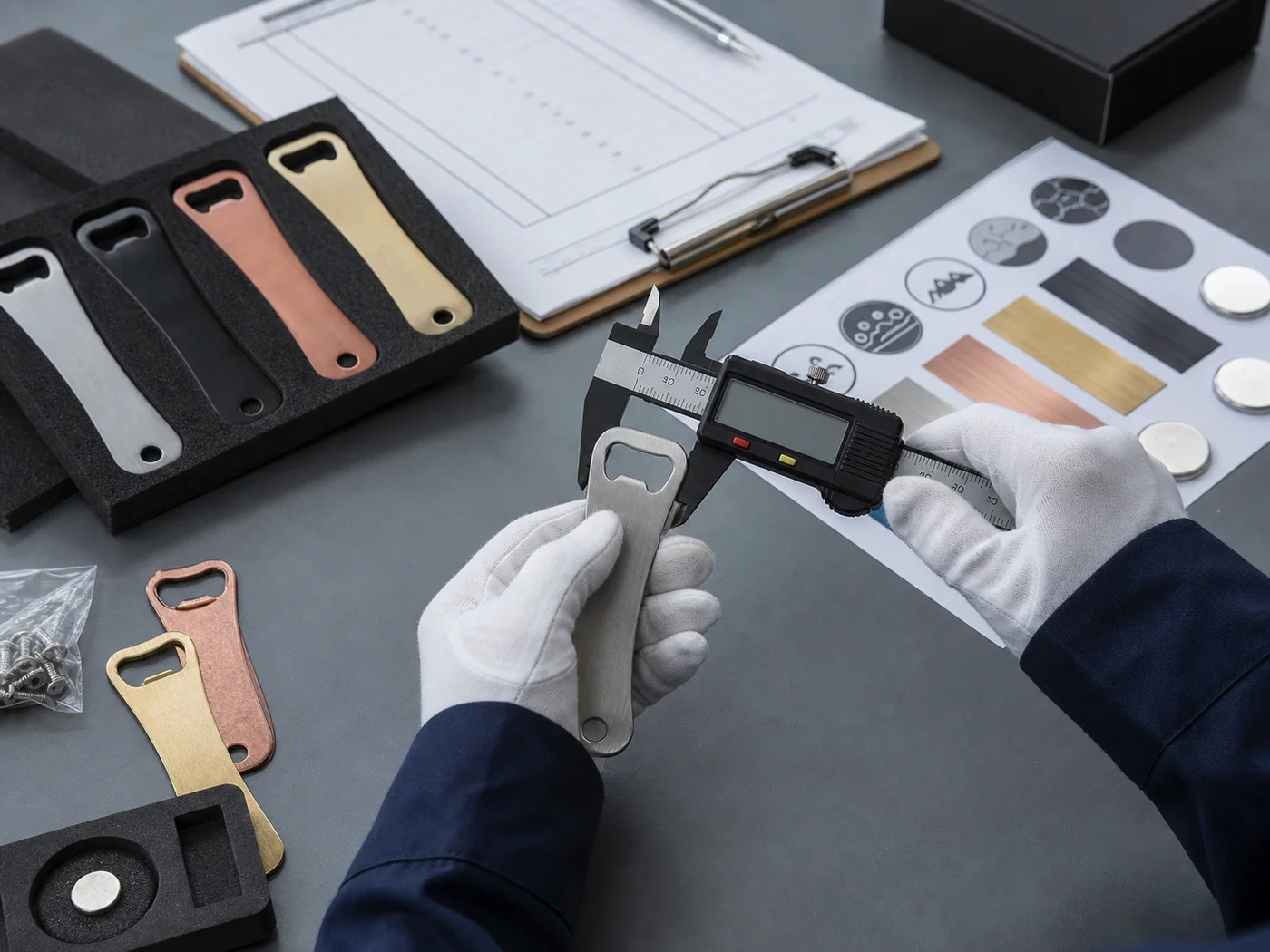 Illustrative inspection of beer bottle opener function, finish and packaging