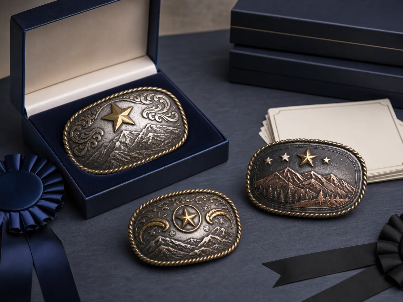 Illustrative custom belt buckles for award and recognition programs