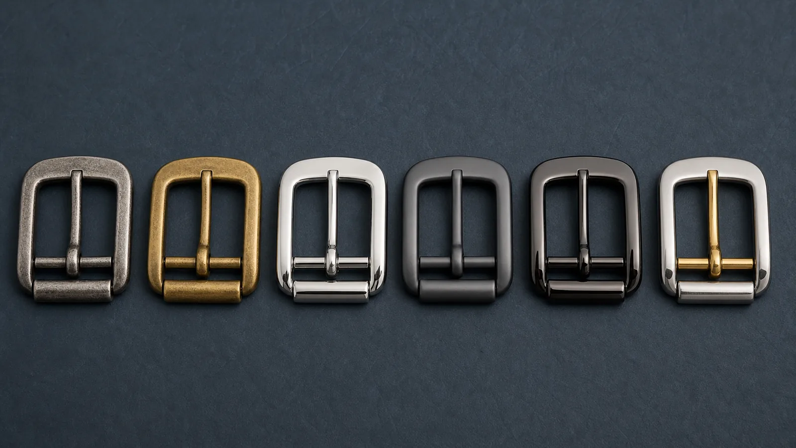 Custom belt buckle finish options shown on consistent metal designs