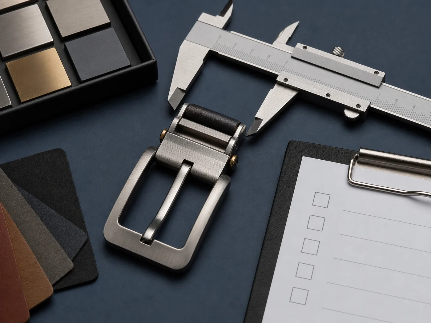 Illustrative inspection of belt buckle dimensions, finish and attachment