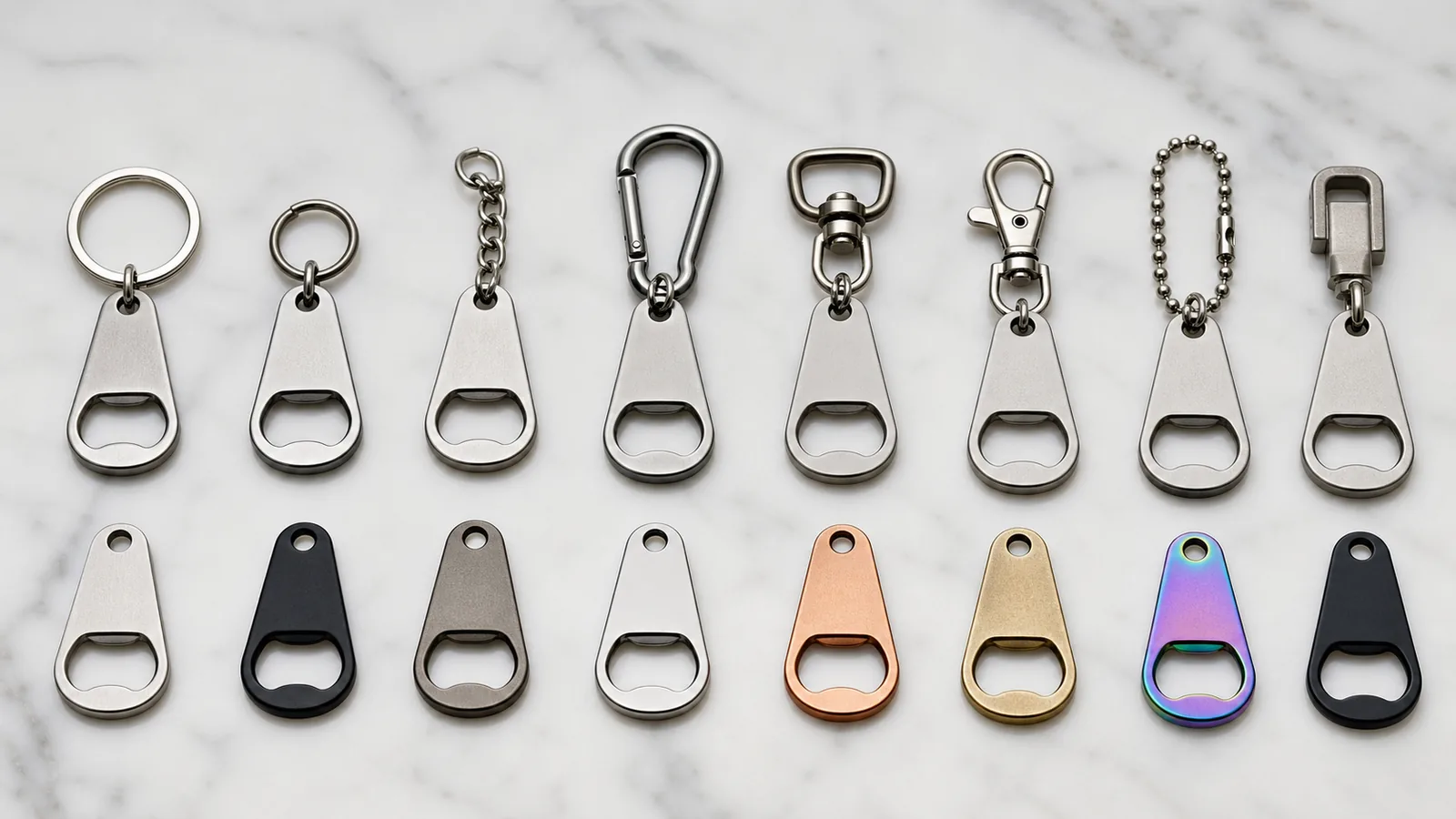 Split ring, carabiner and connector options for bottle opener keychains