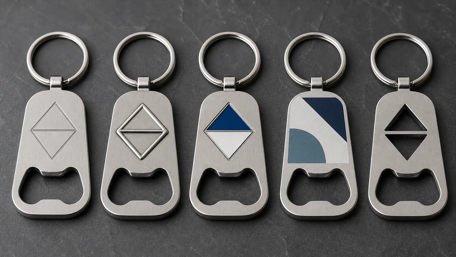Engraved, printed, enamel and raised logo methods for bottle opener keychains