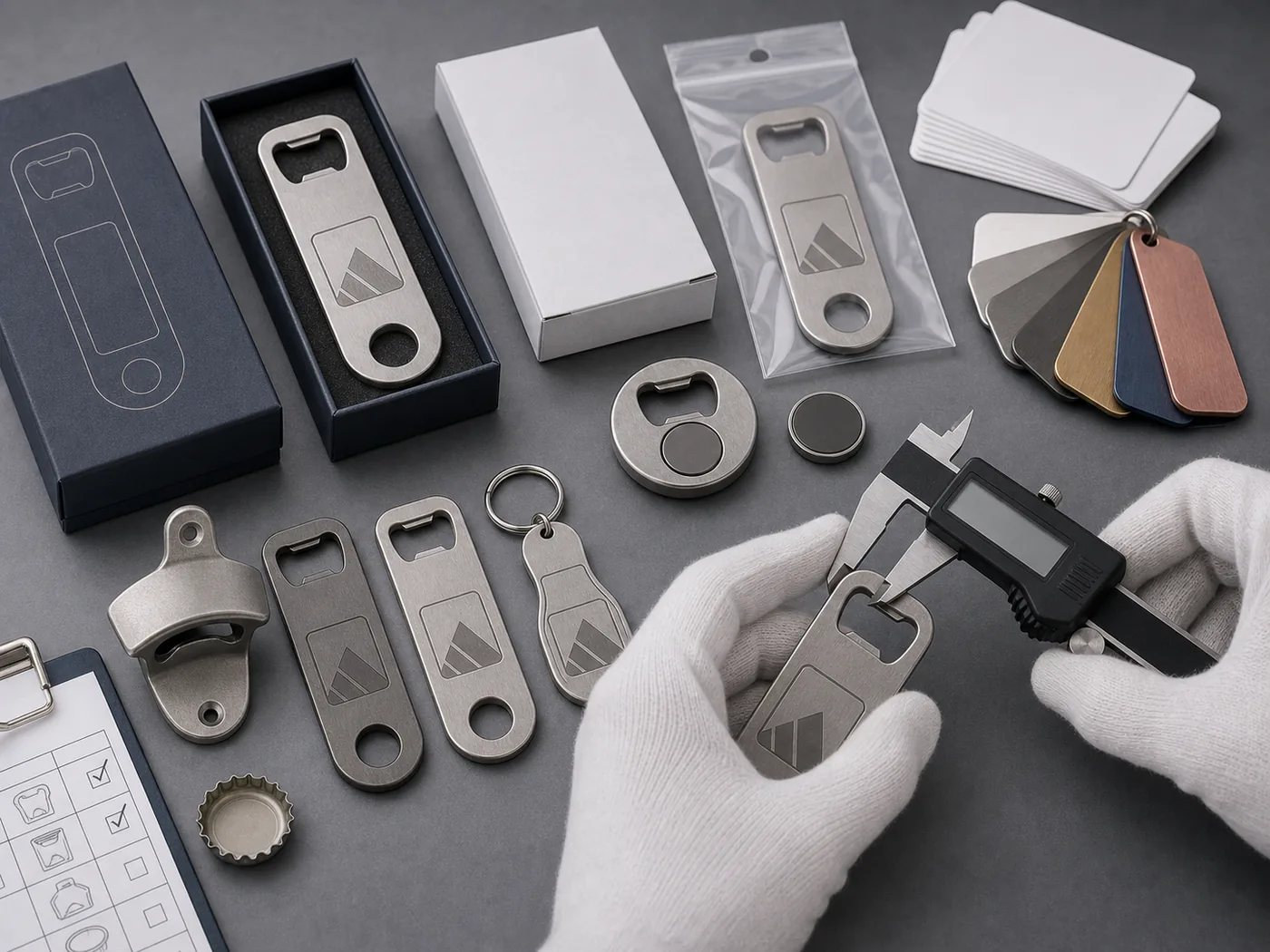 Illustrative inspection of metal bottle opener function, finish and packaging