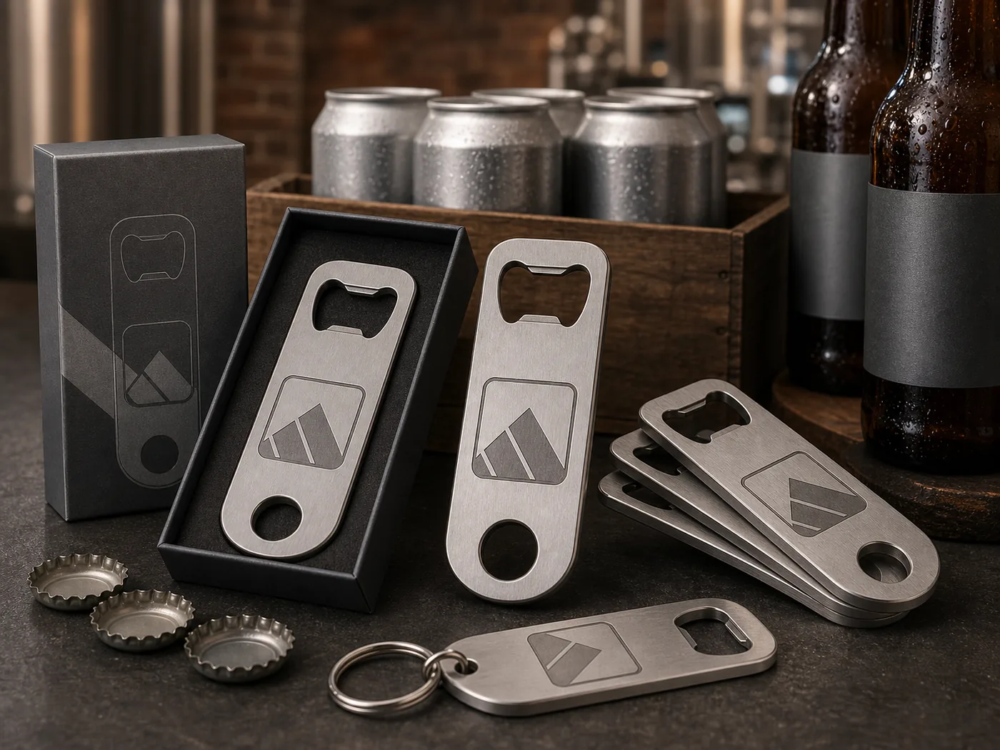 Illustrative custom metal bottle opener for beverage brand merchandise