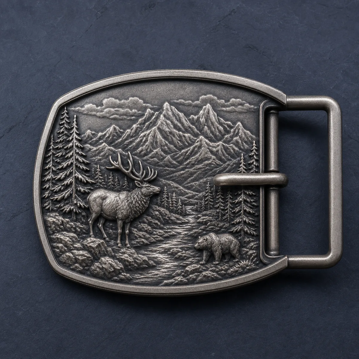 Custom 3D belt buckle with sculpted relief and layered detail