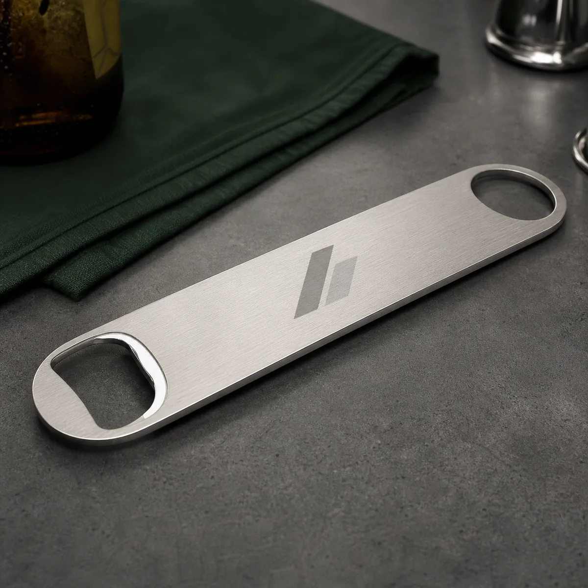 Custom bar blade beer opener with brushed metal finish