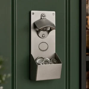 Wall mounted bottle opener with removable cap catcher