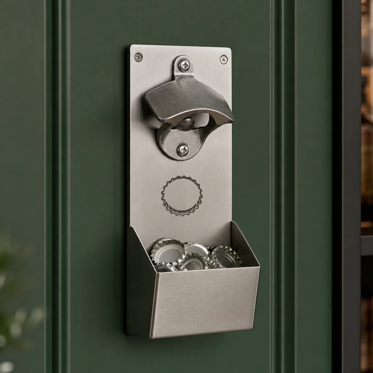 Custom wall-mounted beer opener with bottle cap catcher