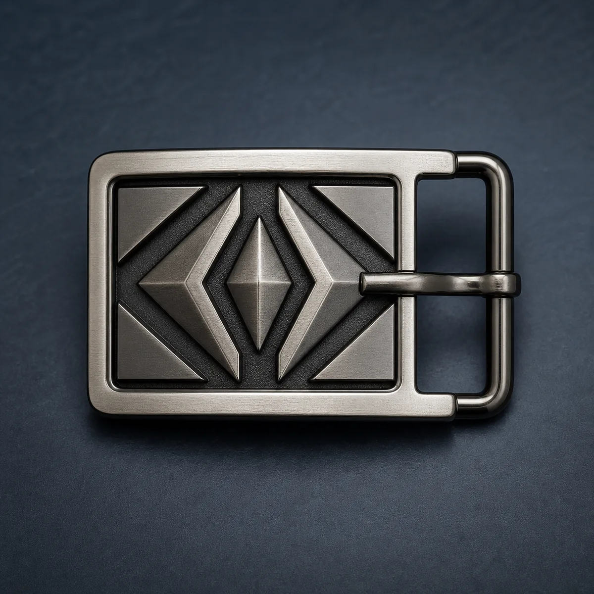Custom metal belt buckle option with plated finish and raised detail