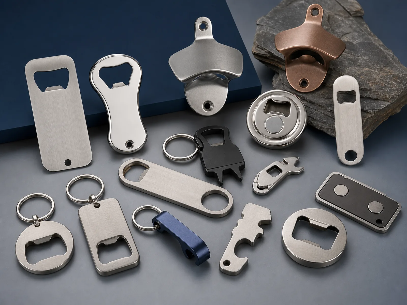 Custom metal bottle openers in flat, keychain, magnetic and wall-mounted styles