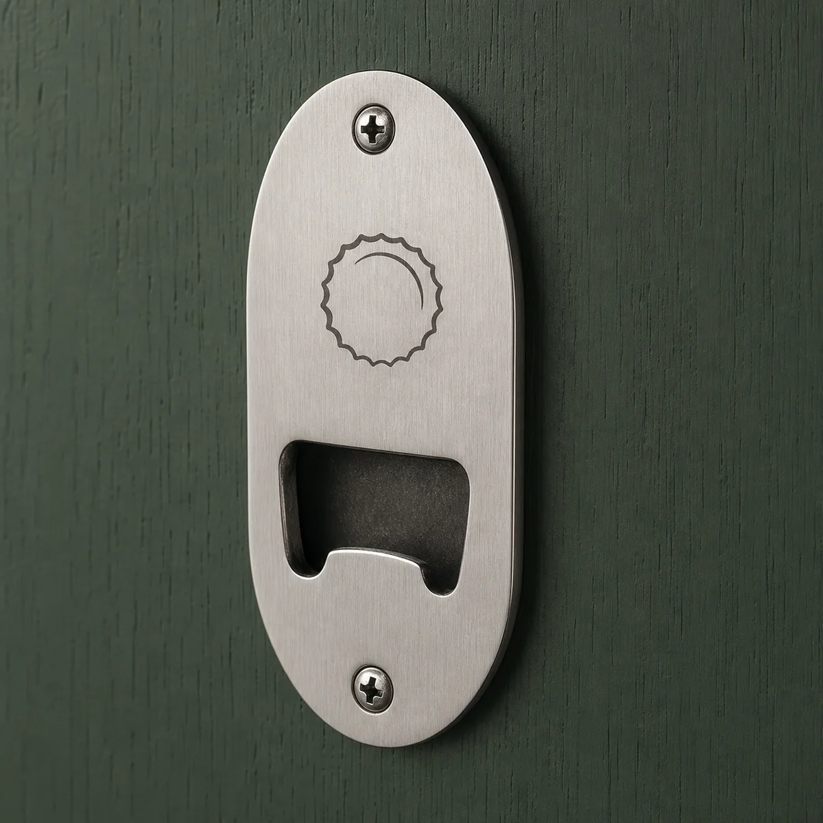 Custom wall-mounted beer opener with screw holes