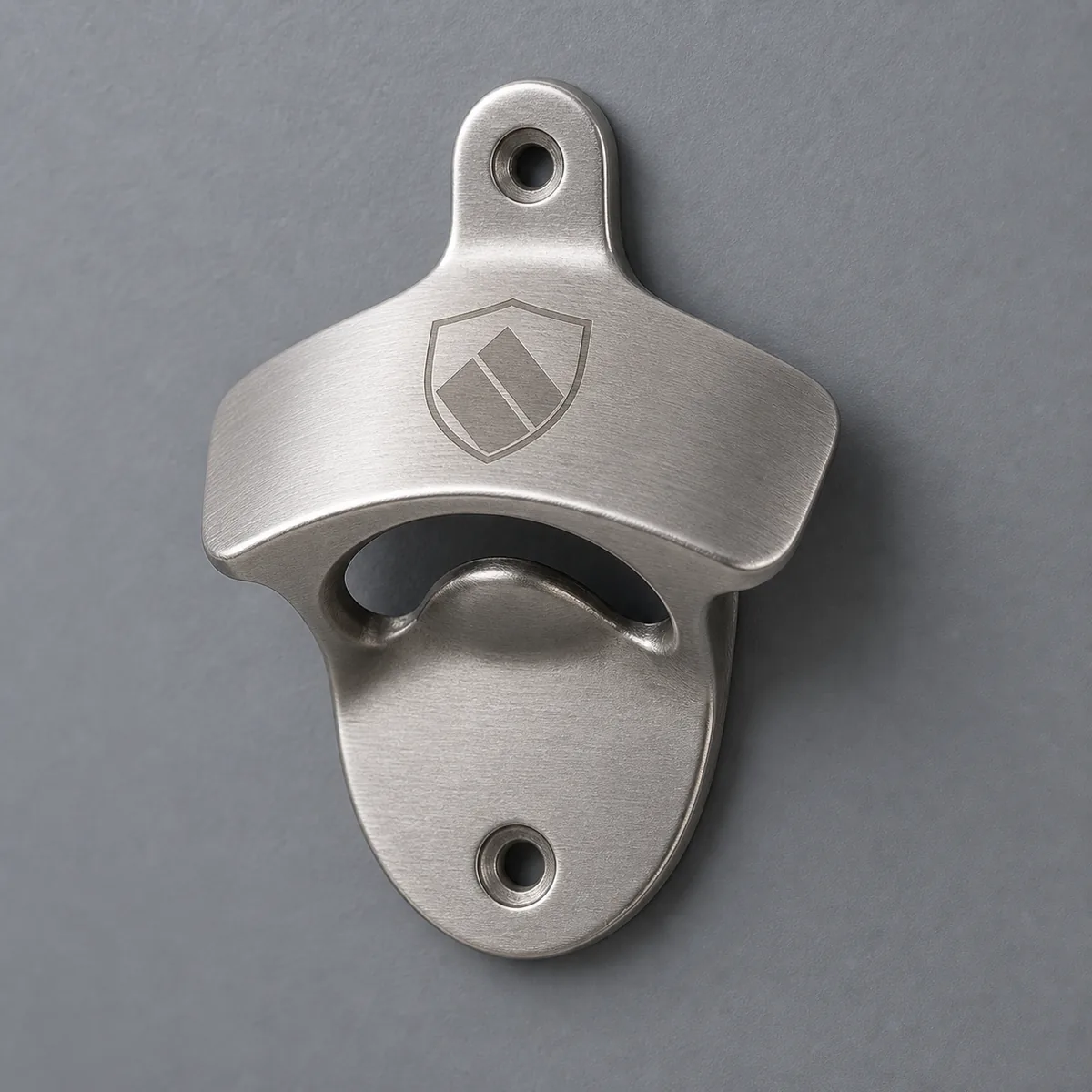 Custom wall-mounted metal bottle opener with screw holes