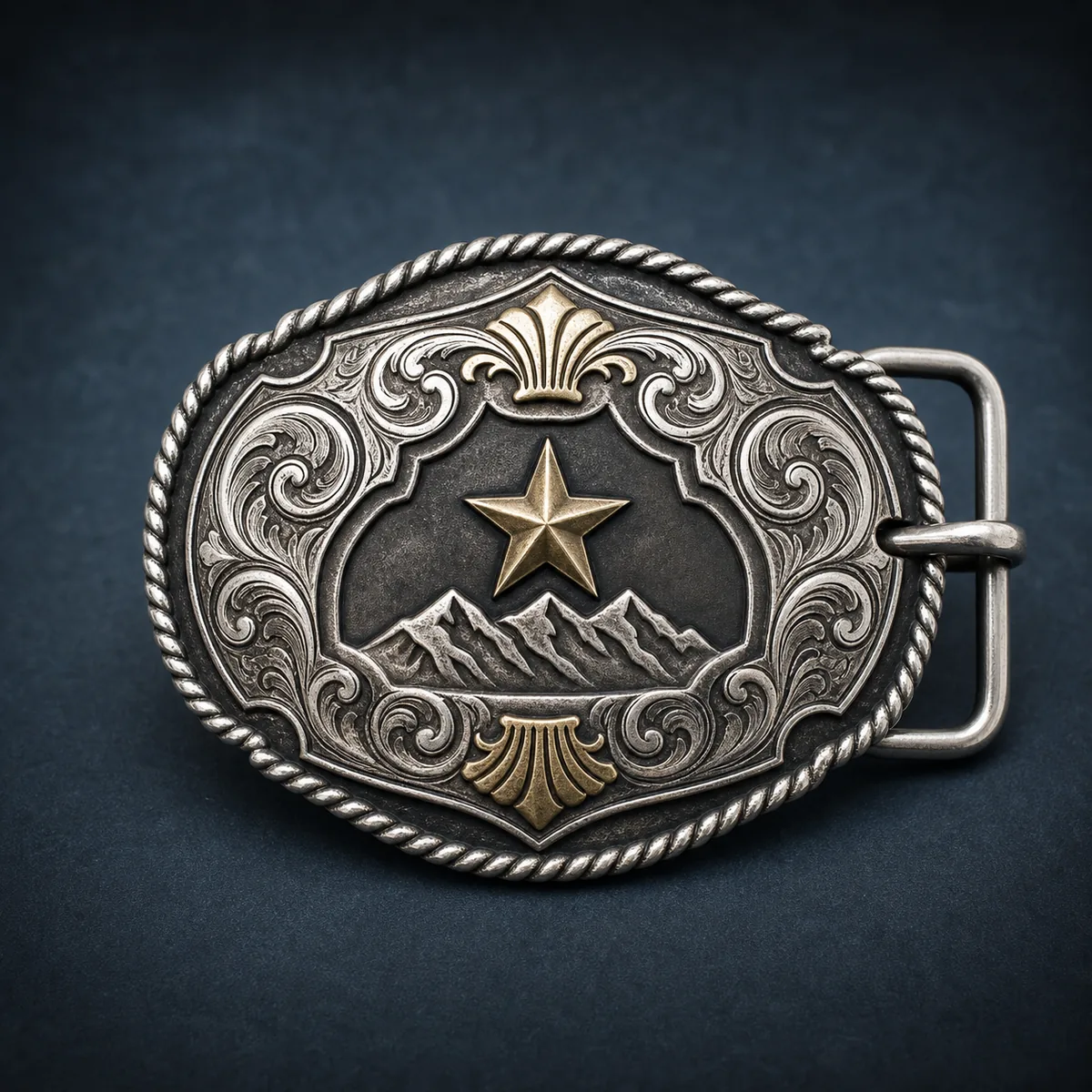 Custom western belt buckle with rope edge and antique finish