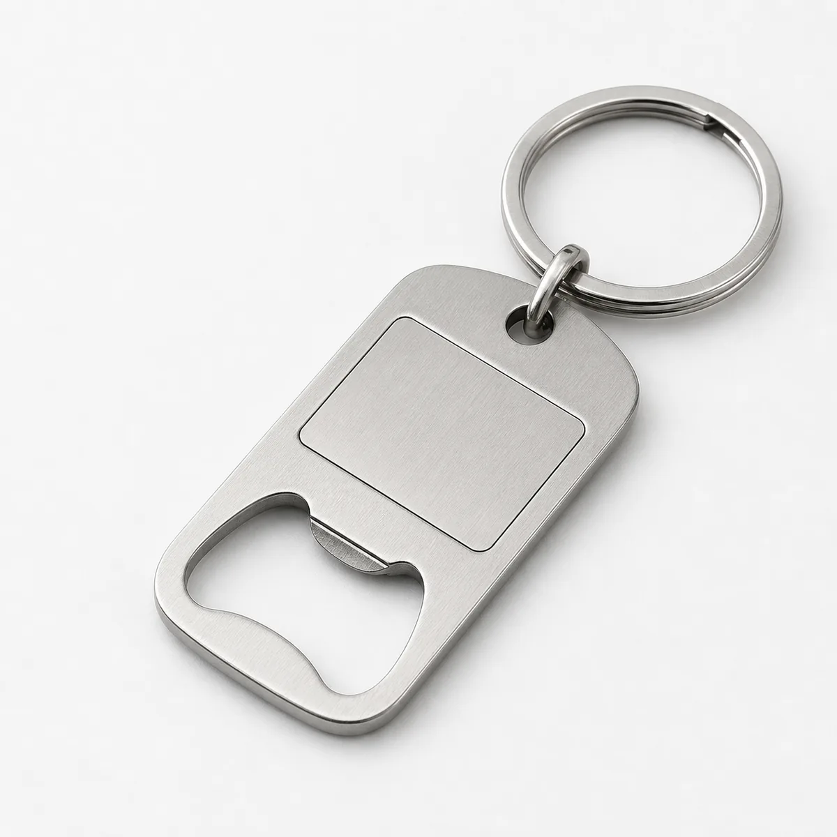 Custom flat metal bottle opener keychain with logo area and split ring