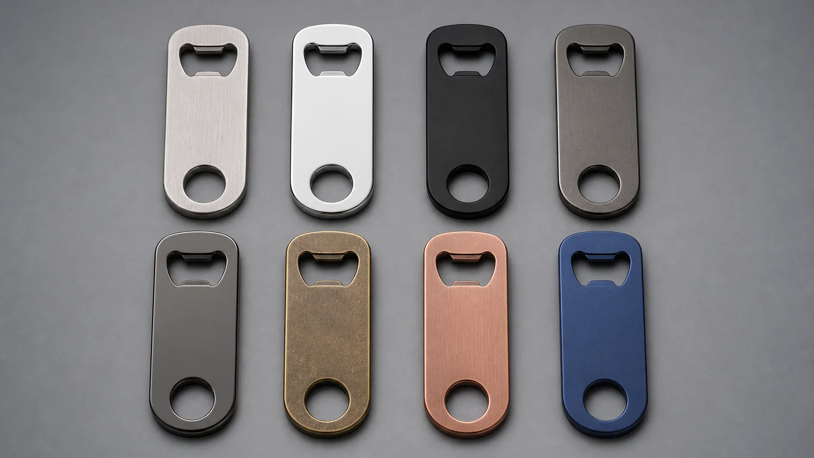Metal bottle opener finish options shown on consistent opener designs