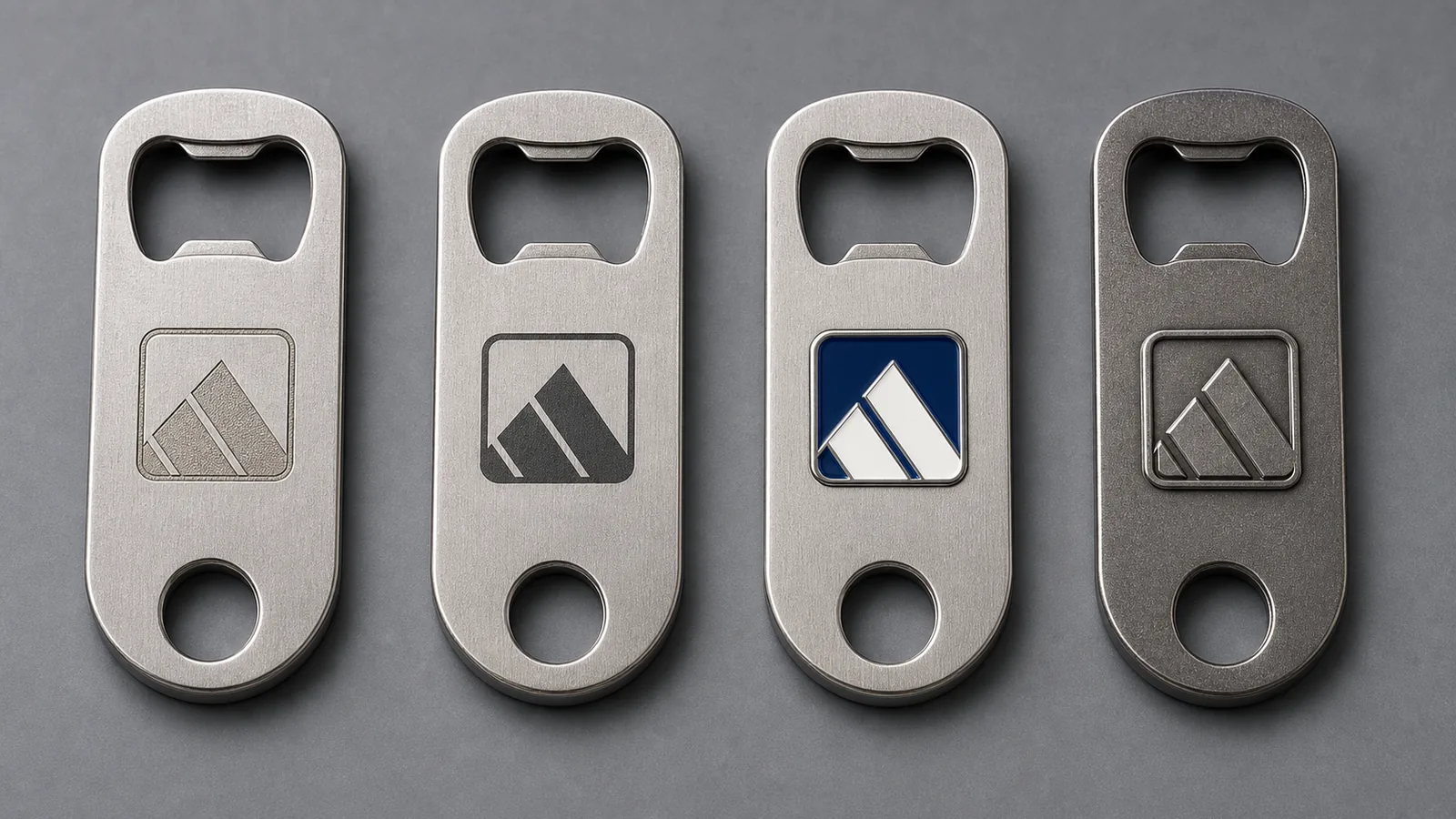 Engraved, printed, enamel and raised logo methods for metal bottle openers