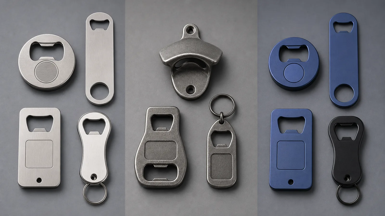 Stainless steel, zinc alloy and aluminum bottle opener material options