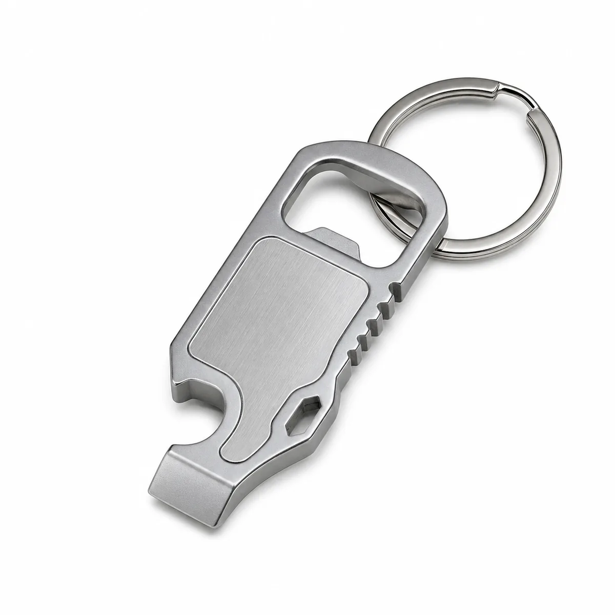 Custom multi-tool bottle opener keychain with compact metal design