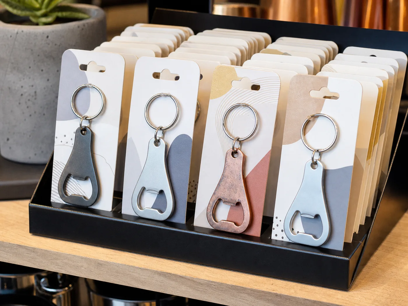 Illustrative bottle opener keychain display for retail gift programs