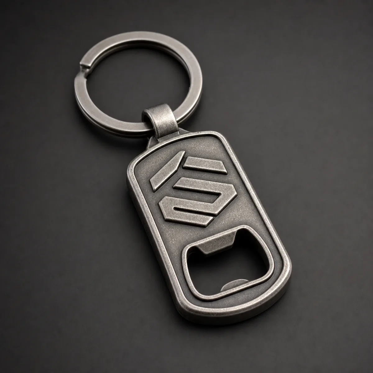Custom zinc alloy bottle opener keychain with raised logo detail